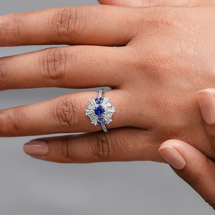 Tapered Baguette With Blue Round Gemstone Cluster Ring