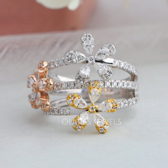 front view of three flower shape pear lab diamond bridal ring