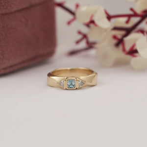 Bezel Set Blue Asscher Diamond Three Stone Ring