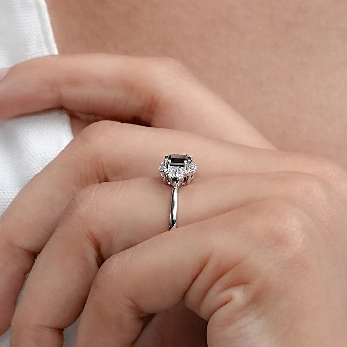 Asscher Cut Black Diamond Halo Ring