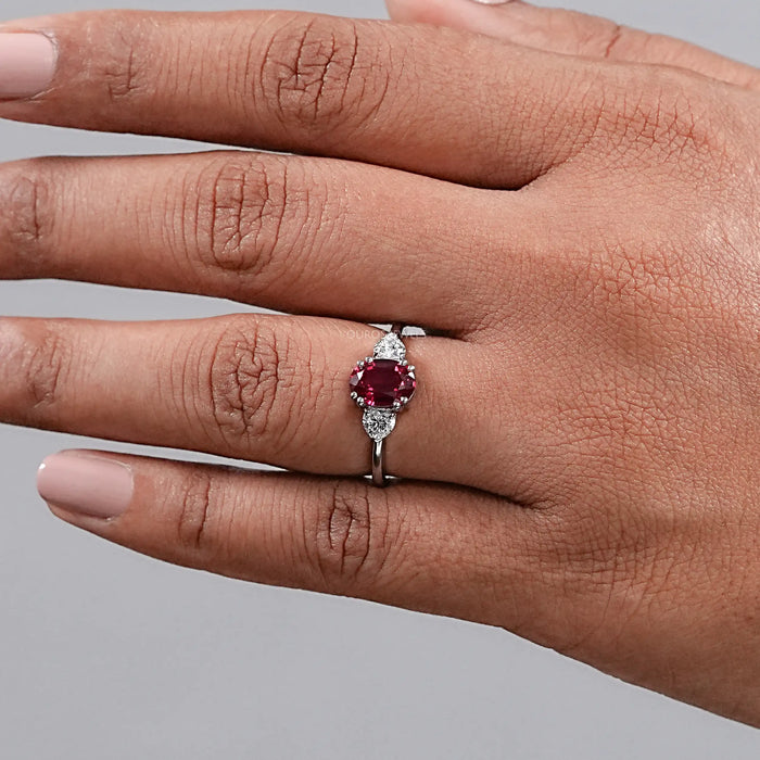 Oval Cut Red Ruby Three Stone Ring