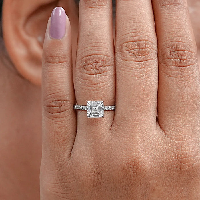 Asscher Cut Solitaire Accent Diamond Engagement Ring