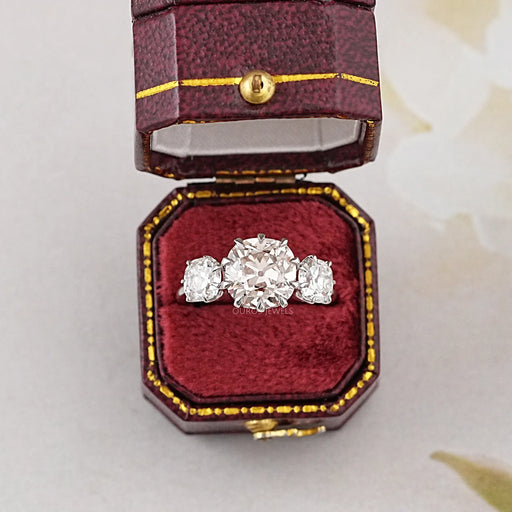 three old mine cushion cut lab diamond engagement ring in red jewelry box