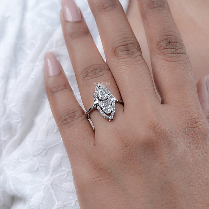 Old Mine Pear Lab Diamond Halo Navette Engagement Ring