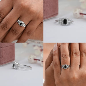 Black Emerald Cut Accent Diamond Engagement Ring