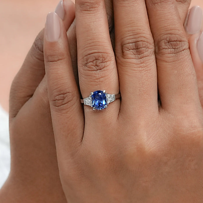 Sapphire Cushion Gemstone With Trapezoid Diamond  Ring