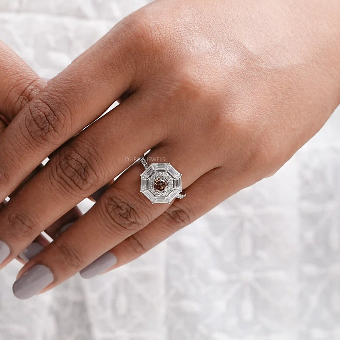 Octagon Brown Diamond Double Halo Ring