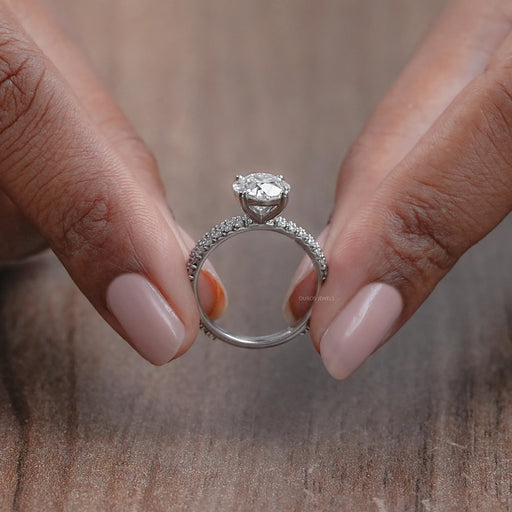 close view of old european round cut diamond bridal ring set with white gold band