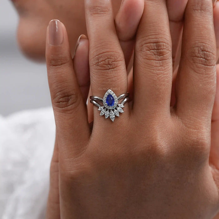 Sapphire Pear Carved Wedding Ring