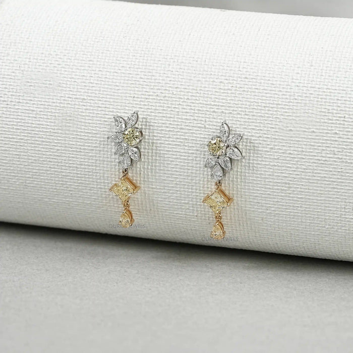 Yellow And White Diamond Floral Drop Earrings