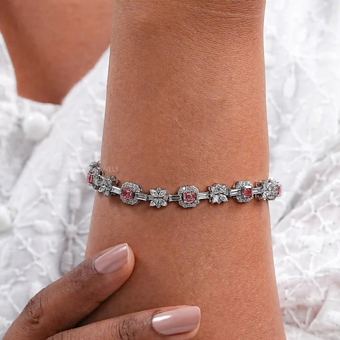 Flower And Pink Asscher Diamond Tennis Bracelet