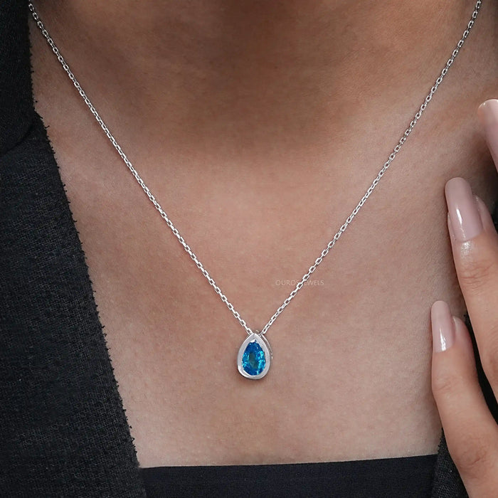 Aqua Blue Pear Gemstone Bezel Set Solitaire Pendant