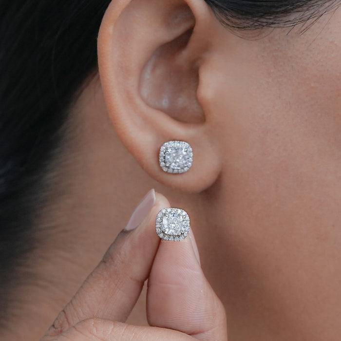 Cushion Diamond Halo Stud  Earrings