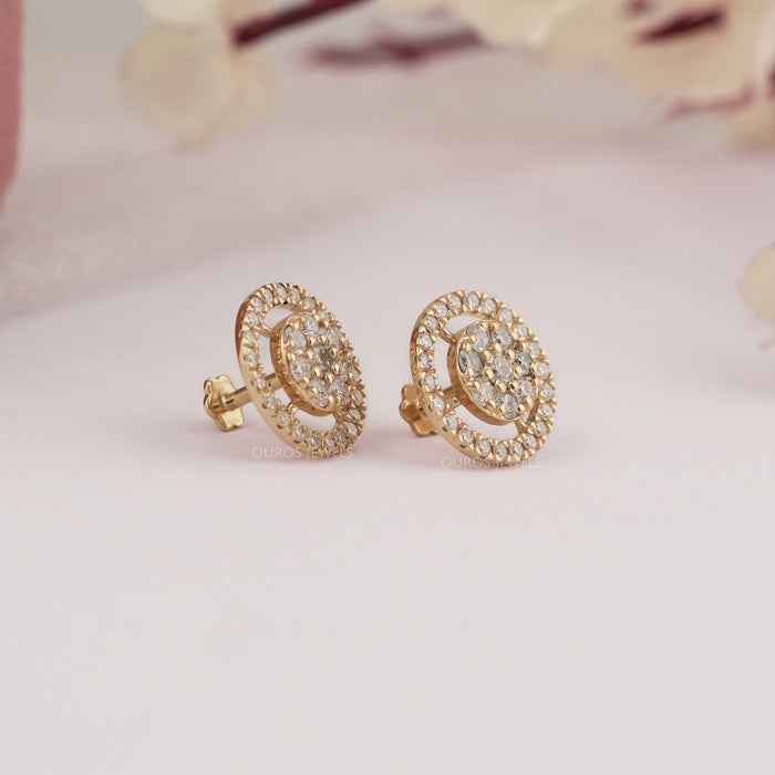 side view of round shape cluster diamond open circle halo stud earrings push back