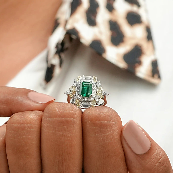 Double Halo Green Emerald Diamond Engagement Ring