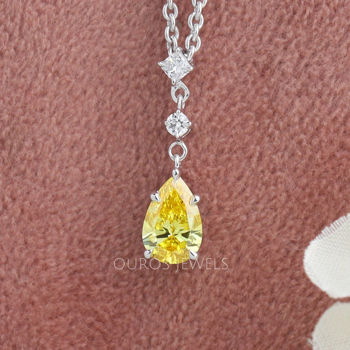 Yellow Pear Cut Three Stone Diamond Pendant