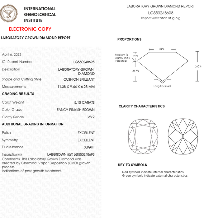 [IGI Report of 5.10 Ct Cushion Cut Lab Diamond]-[Ouros Jewels] 
