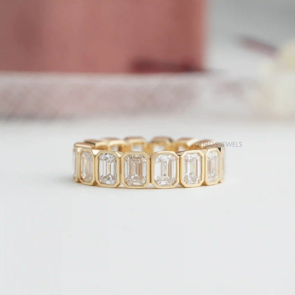 Emerald Cut retailer Bezel Set Full Eternity Band / Simulant Diamond Wedding Band / 8.62 CT Flowless Emerald 14K Gold Plated Stackable Eternity Ring