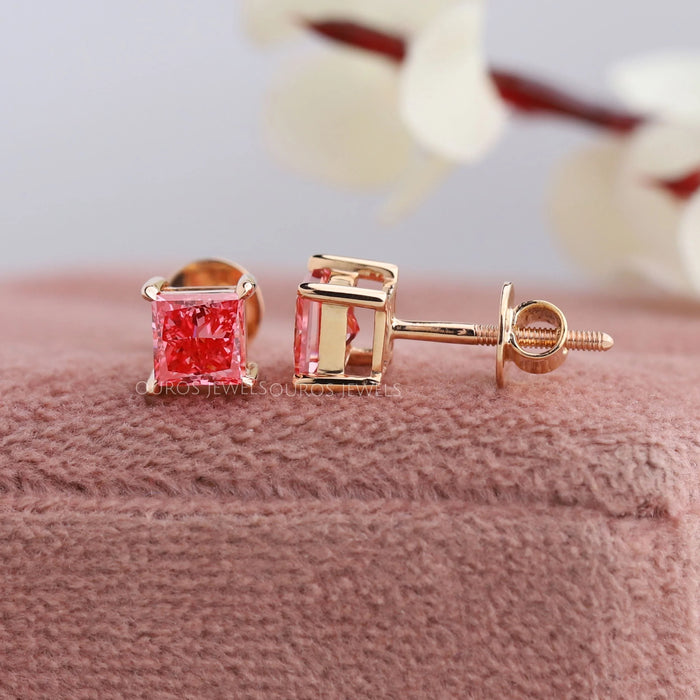 Pink  Princess Cut Solitaire Stud Earrings