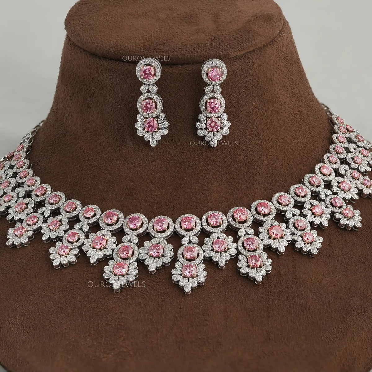 Pink Round Diamond Bridal Necklace Set Ouros Jewels