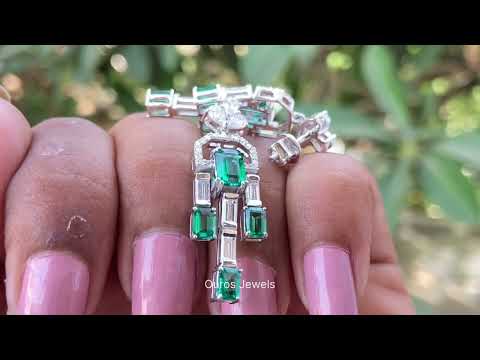 Green Emerald And Diamond Linear Drop Earrings