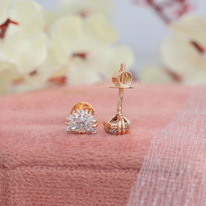 top and back view of cadillac cut diamond screw back stud earrings rose gold
