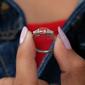 Front Side View Of Pink Lab Diamond Three Stone Engagement Ring