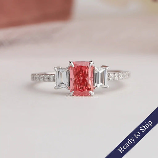 Pink Radiant Cut Lab Grown Diamond Engagement Ring In 14K White Gold 