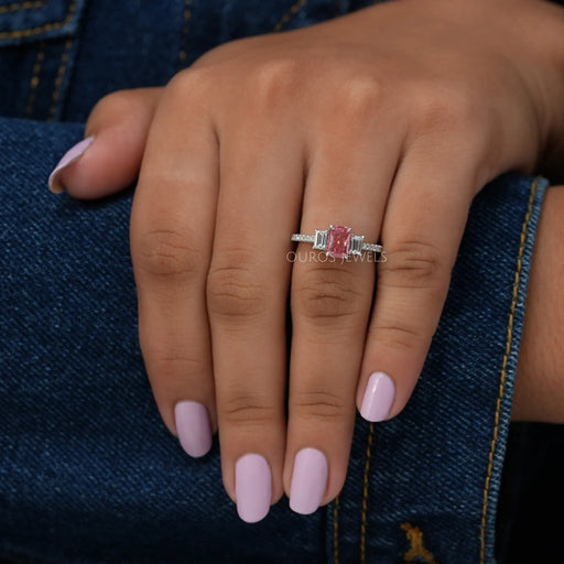 In Finger View Of Pink Radiant Lab Created Diamond Engagement Ring 