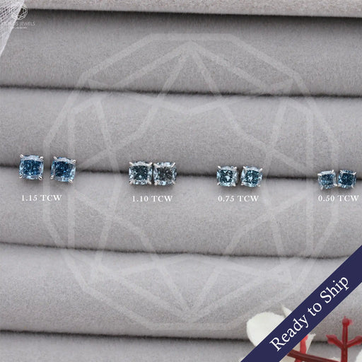 [Blue Cushion Lab Diamond Stud Earrings]-[Ouros Jewels]