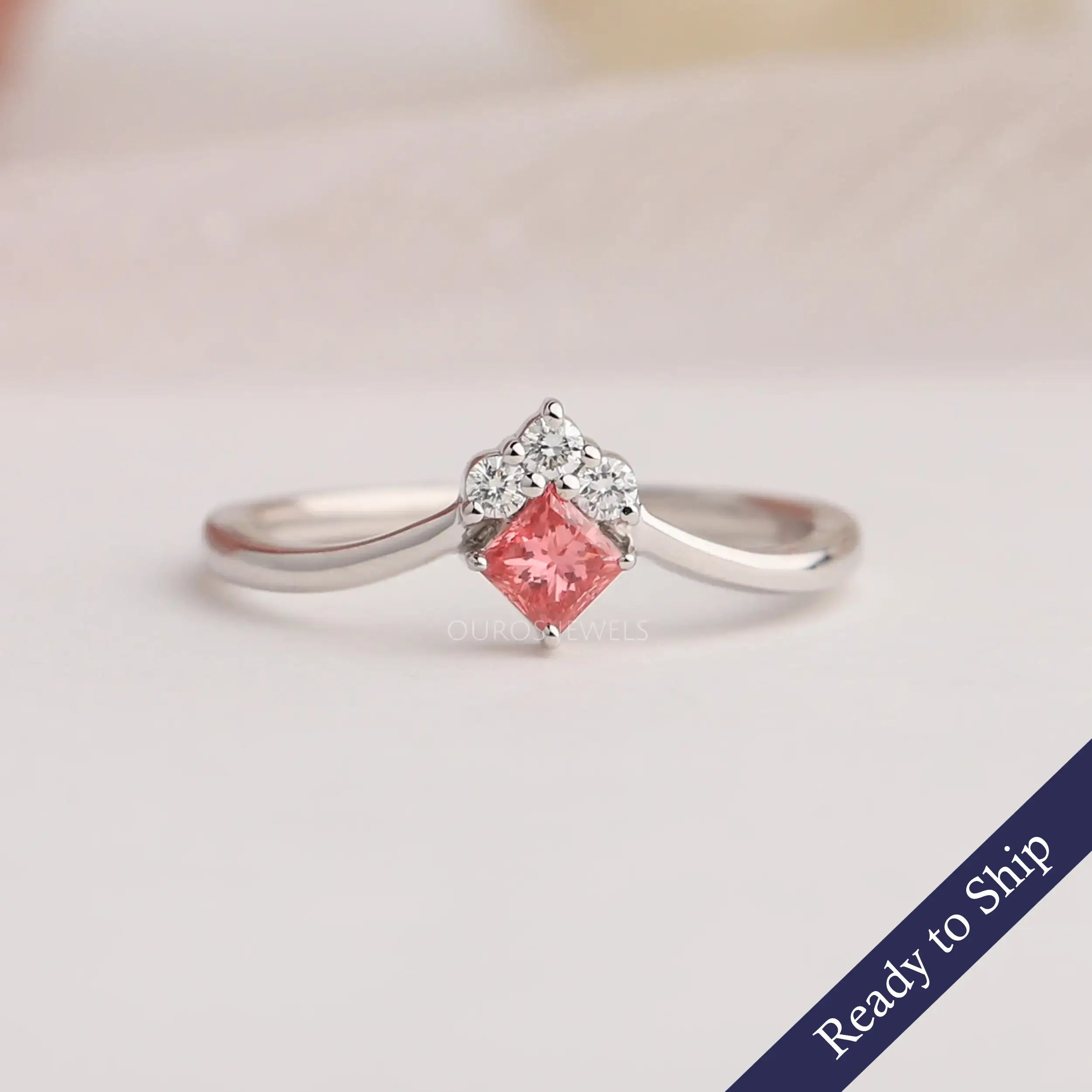 Pink Princess Cut Curved Dainty Ring