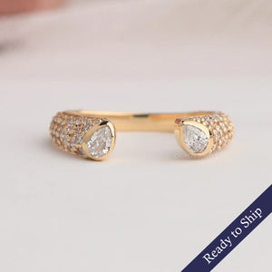 Pear diamond open cuff diamond wedding band in 14k yellow gold