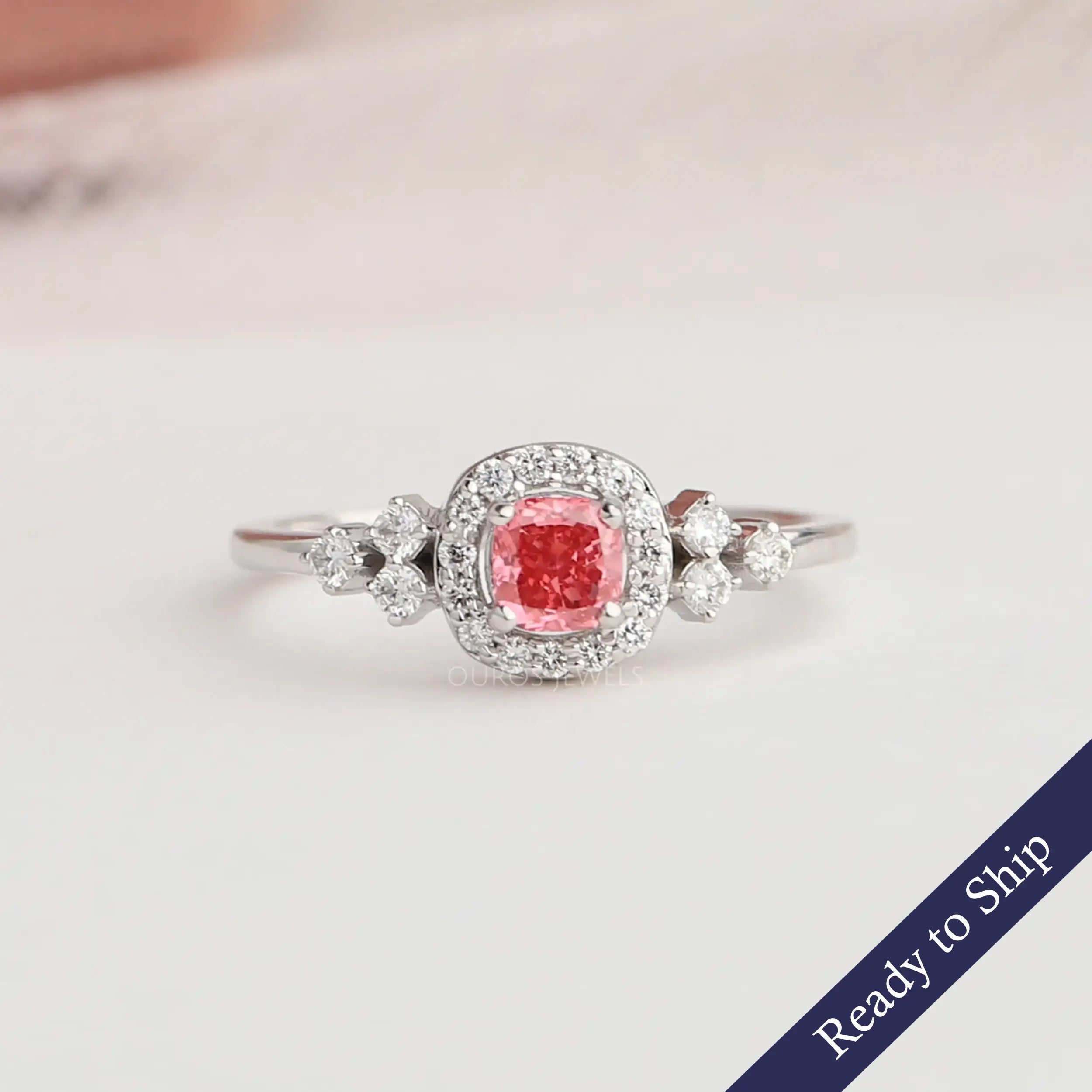 Pink Cushion Cut Halo  Diamond  Engagement  Ring