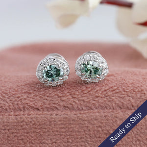 Green Oval Cut Halo Stud Earrings