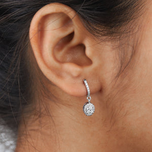 [A Women wearing Halo of Round Shape Earrings]-[Ouros Jewels]