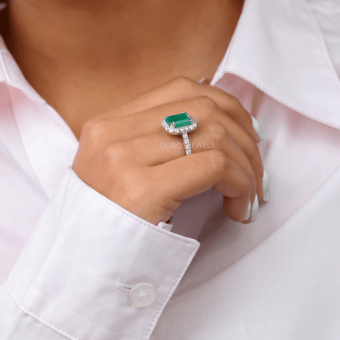 natural emerald gemstone ring with halo accent setting