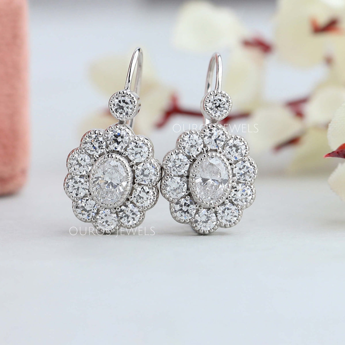 Sterling Silver Double Oval Diamond Edge Drop Earrings