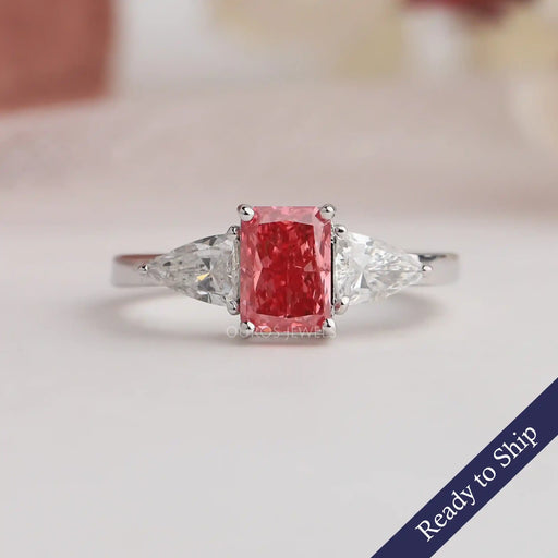 1 Carat Pink Radiant Cut Diamond With Arrow Cut Lab Diamond Three Stone Engagement Ring