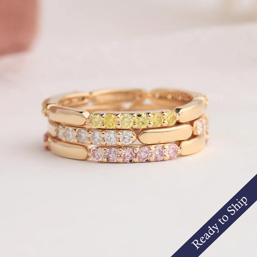 Pink And Yellow Round Diamond Wedding Band In 14k White Gold