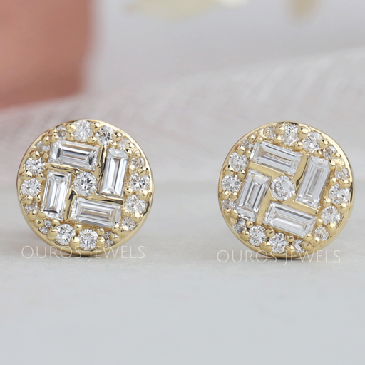 Baguette Diamond Stud Earrings featuring round and baguette diamonds set in a circular gold frame.