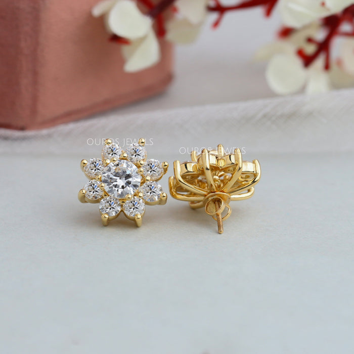 floral round diamond halo earring